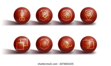 Set line Scissors, Textile fabric roll, Leather, Yarn ball,  and Sewing button icon. Vector