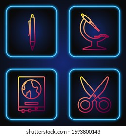 Set line Scissors, World map on a school blackboard, Pen and Microscope. Gradient color icons. Vector