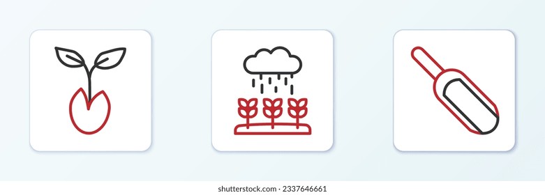Set line Scoop flour, Sprout and Plant sprouts grow in the rain icon. Vector