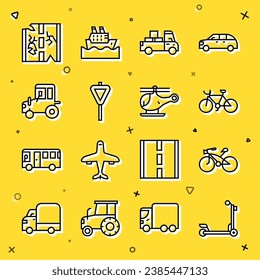 Set line Scooter, Bicycle, Delivery truck, Road traffic signpost, Tractor, Broken road and Helicopter icon. Vector