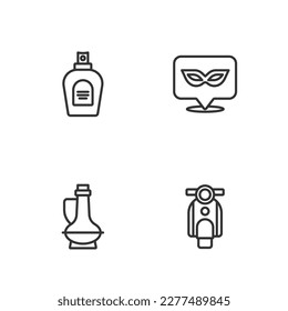 Set line Scooter, Bottle of olive oil, Perfume and Carnival mask icon. Vector