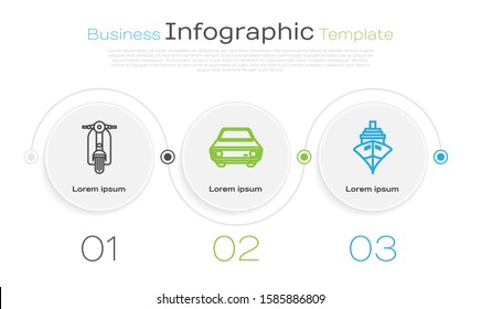 Set line Scooter, Car and Cargo ship. Business infographic template. Vector