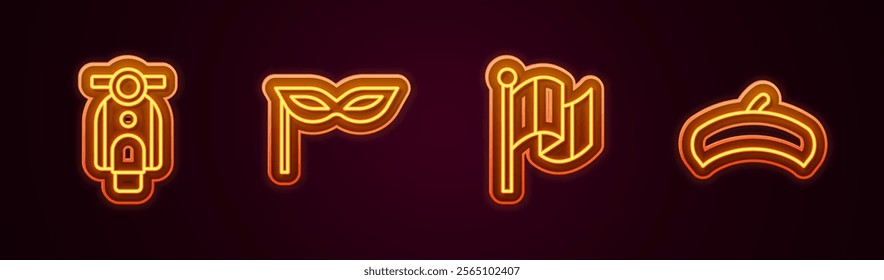 Set line Scooter, Carnival mask, Flag Italy and French beret. Glowing neon icon. Vector