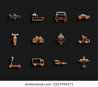 Set line Scooter, Delivery cargo truck vehicle, Plane, Formula race, Old retro vintage plane, Bicycle,  and Cargo ship icon. Vector