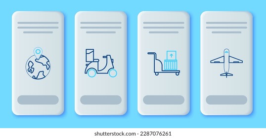 Set line Scooter delivery, Electric hand truck and boxes, Worldwide and Plane icon. Vector