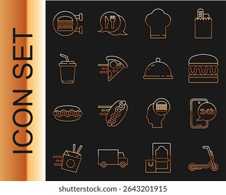 Set line Scooter delivery, Food ordering, Burger, Chef hat, Online pizza, Paper glass with water, burger and Covered tray of food icon. Vector