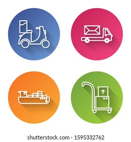 Set line Scooter delivery , Post truck , Cargo ship with boxes delivery service  and Hand truck and boxes . Color circle button. Vector