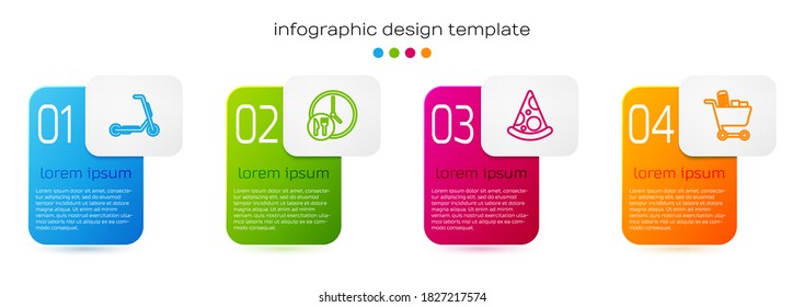 Línea de entrega de Scooter, 24 horas al día, rebanada de pizza y carrito de compras y comida. Plantilla de infografía de negocios. Vector