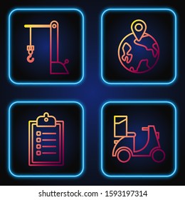 Set line Scooter delivery , Verification of delivery list clipboard , Harbor port crane and Worldwide . Gradient color icons. Vector