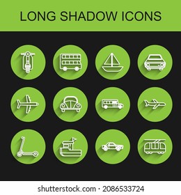 Set line Scooter, Fishing boat, Sedan car, Tram and railway, Car, Plane and School Bus icon. Vector