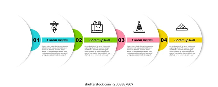 Definir linha Scooter, pão de baguete francês, Torre Eiffel e Museu do Louvre. Modelo de infográfico comercial. Vetor