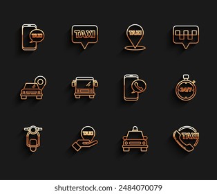 Set line Scooter, Hand on map pointer with taxi, Taxi call telephone service, car, Bus, Stopwatch 24 hours and  icon. Vector