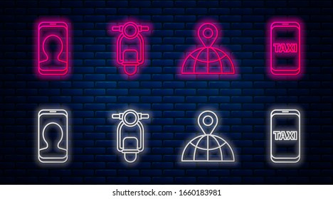 Ponga la línea Scooter, Location on the world, Taxi call phone service y Taxi call phone service. Icono de neón brillante en la pared de ladrillo. Vector