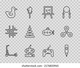Set line Scooter, Marker pen, Chalkboard, Robot toy, Rubber duck, Pyramid, Gamepad and Fidget spinner icon. Vector