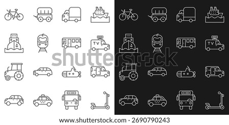Set line Scooter, Minibus, TV News car, Delivery cargo truck, Train and railway, Cargo ship, Bicycle and Bus icon. Vector