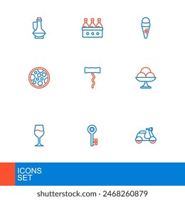 Set line Scooter, Old key, Wine glass, Ice cream the bowl, Pizza, corkscrew, waffle and Bottles of wine icon. Vector