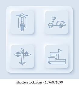 Set line Scooter, Scooter, Old retro vintage plane and Fishing boat. White square button. Vector