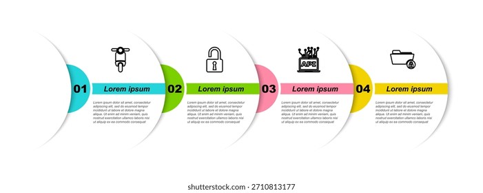 Set line Scooter, Open padlock, Computer api interface and Folder and. Business infographic template. Vector