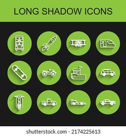 Set line Scooter, Pickup truck, Double decker bus, Formula race car, Sedan, All Terrain Vehicle ATV motorcycle, Hatchback and Fishing boat icon. Vector