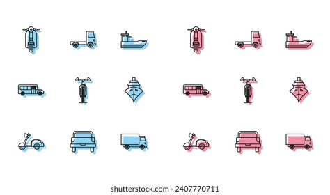 Set line Scooter, Pickup truck, Delivery cargo vehicle, Bicycle, Cargo ship, School Bus and  icon. Vector