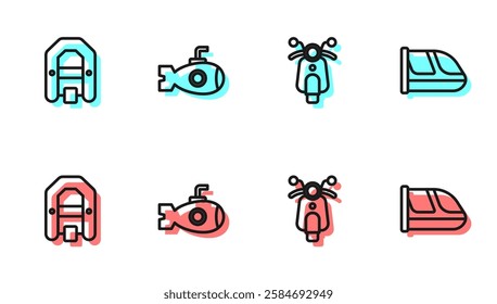 Set line Scooter, Rafting boat, Submarine and Train and railway icon. Vector