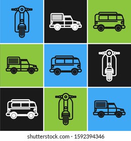 Set line Scooter, Retro minivan and Delivery cargo truck vehicle icon. Vector