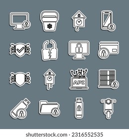 Fijar la línea Scooter, Seguridad del servidor con bloqueo, tarjeta de crédito, reloj de pared retro, Roto o rajado, Ciber, Bloquear en monitor e icono. Vector
