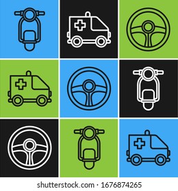 Set line Scooter, Steering wheel and Ambulance and emergency car icon. Vector