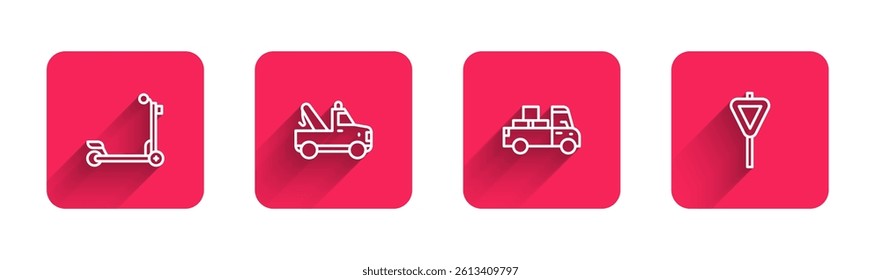 Set line Scooter, Tow truck, Delivery and Road traffic signpost with long shadow. Red square button. Vector