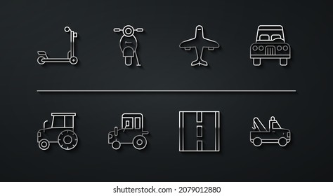 Set line Scooter, Tractor, Car, Road, Tow truck and Plane icon. Vector