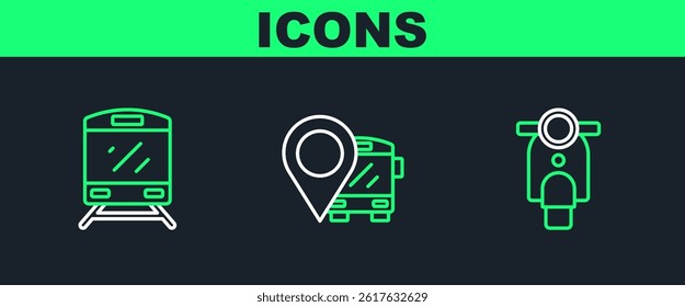 Set line Scooter, Train and Location with bus icon. Vector