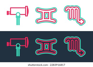 Set line Scorpio zodiac, Telescope and Gemini icon. Vector