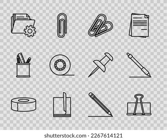Ajuste el escotés de línea, clip de enlace, papel, documento de archivo, configuración de carpeta con engranajes, borrador de lápiz y línea e icono. Vector