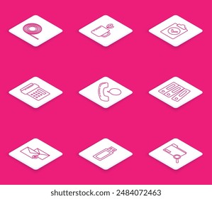 Set line Scotch, Cup of tea and leaf, Completed task, Telephone, handset speech bubble chat, Office folders with papers documents, Envelope and USB flash drive icon. Vector