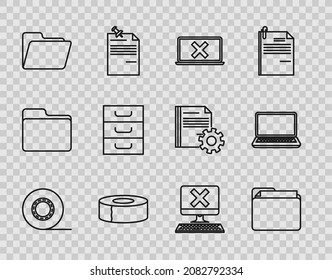 Set line Scotch, Document folder, Laptop and cross mark on screen, Drawer with documents, Computer keyboard x and  icon. Vector