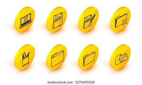 Set line Scotch, Document folder, Pencil case stationery, Delete, Blank notebook and pencil with eraser, File document and Laptop cross mark screen icon. Vector