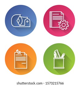 Set line Scotch, Document settings with gears, Note paper with pinned pushbutton and Pencil case stationery. Color circle button. Vector