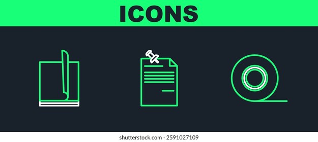 Set line Scotch, File document and Note paper with pinned pushbutton icon. Vector