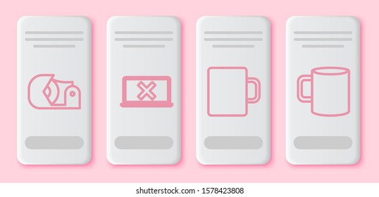 Set line Scotch, Laptop and cross mark on screen, Coffee cup and Coffee cup flat. White rectangle button. Vector