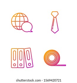 Set line Scotch, Office folders with papers and documents, World map made from speech bubble and Tie. Gradient color icons. Vector
