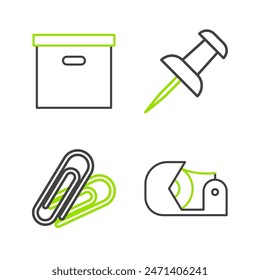 Set line Scotch, Paper clip, Push pin and Carton cardboard box icon. Vector