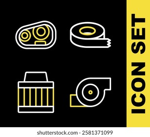 Set line Scotch tape, Automotive turbocharger, Car air filter and headlight icon. Vector