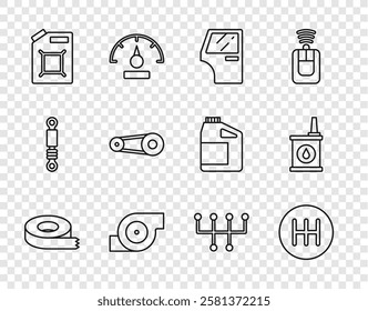 Set line Scotch tape, Gear shifter, Car door, Automotive turbocharger, Canister for gasoline, Timing belt kit,  and motor oil icon. Vector