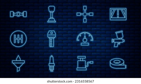 Set line Scotch tape, Paint spray gun, Wheel wrench, Car key with remote, Gear shifter, Chassis car, Speedometer and  icon. Vector