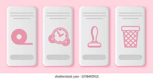 Set line Scotch, Time Management, Stamp and Trash can. White rectangle button. Vector