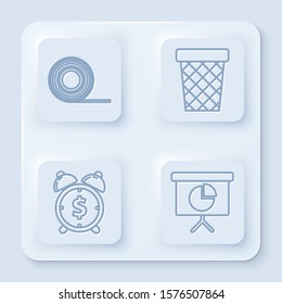 Set line Scotch, Trash can, Alarm clock with dollar symbol and Presentation financial board with graph, schedule, chart, diagram, infographic, pie graph. White square button. Vector