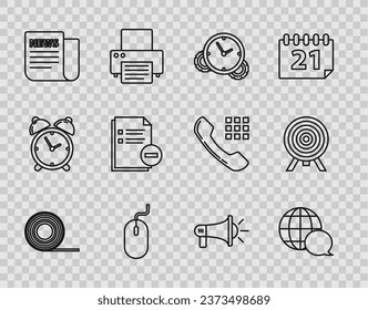 Set line Scotch, World map made from speech bubble, Time Management, Computer mouse, News, Document with minus, Megaphone and Target icon. Vector