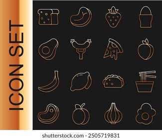 Set line Scrambled egg, Asian noodles in bowl, Plum fruit, Strawberry, Sausage on the fork, Avocado, Bread toast and Slice of pizza icon. Vector