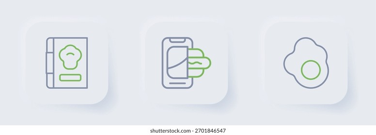 Establecer línea de huevo revuelto, pedidos de alimentos en el móvil y el icono de libro de cocina. Vector