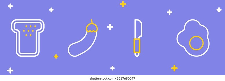 Set line Scrambled egg, Knife, Eggplant and Bread toast icon. Vector